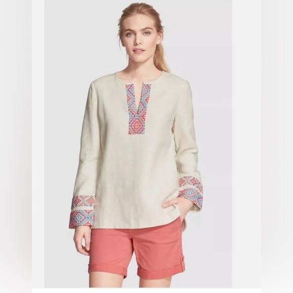 Tory Burch Mckenna Linen Embroidered Tunic in Ivory. - Picture 2 of 8
